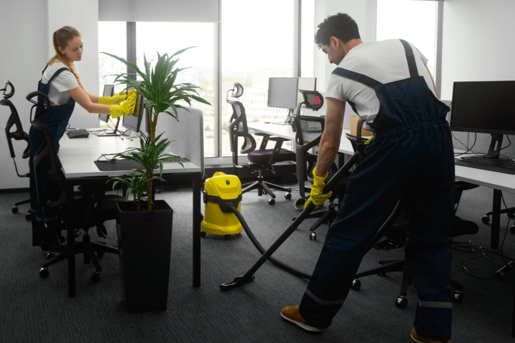 a full shot people cleaning office